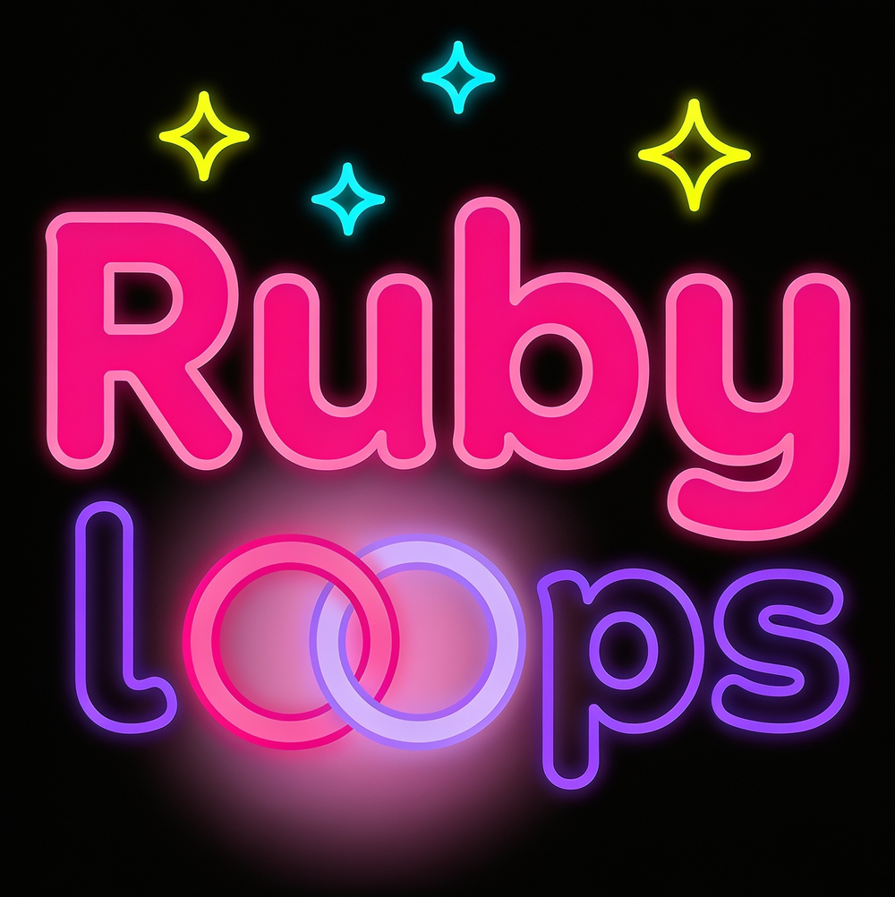 Ruby Loops ... neon sign logo with glowing pink and lilac loops